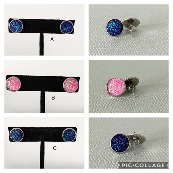NEW Stainless Steel Druzy Stud Earrings - 12mm - Picture 3 of 9